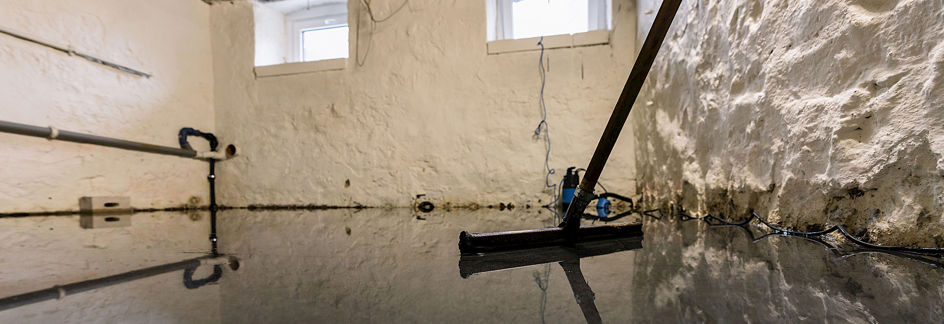 Feuchter Kellerraum mit sichtbarem Wasserschaden an der Wand und Trocknungsgeräten im Einsatz durch MaNos Abdichtungstechnik in Hamburg